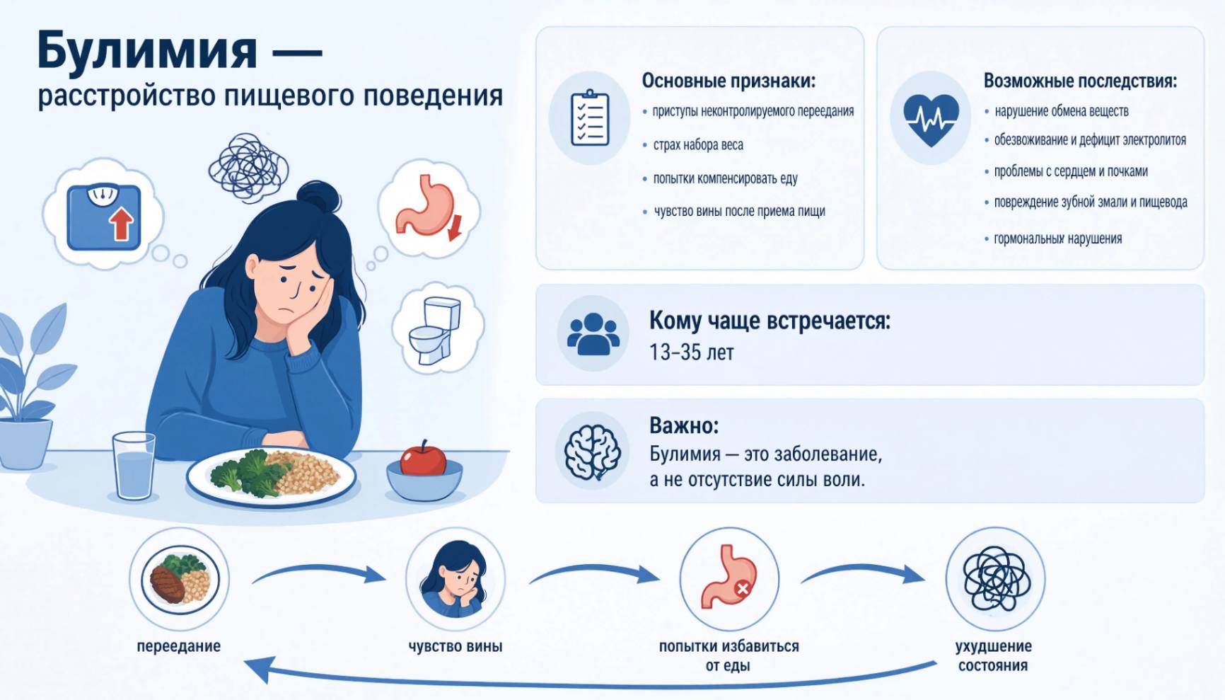 Медицинская инфографика о булимии с признаками заболевания и рисками для здоровья человека